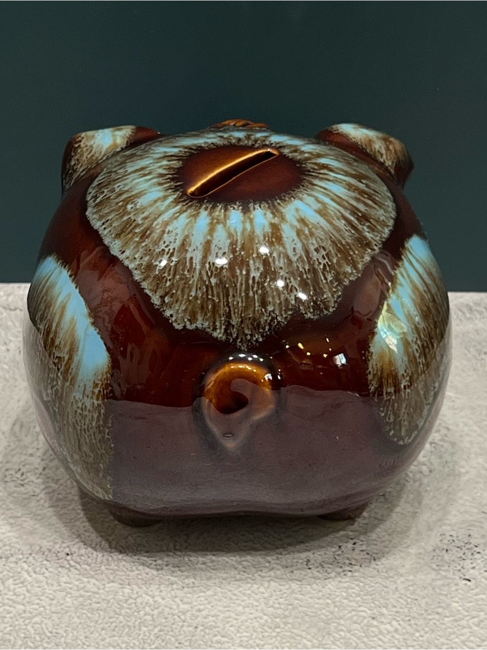 Vintage 50s Hull Pottery Corky Pig Ceramic Coin Bank MCM Brown Blue Drip Glaze - Picture 4 of 9